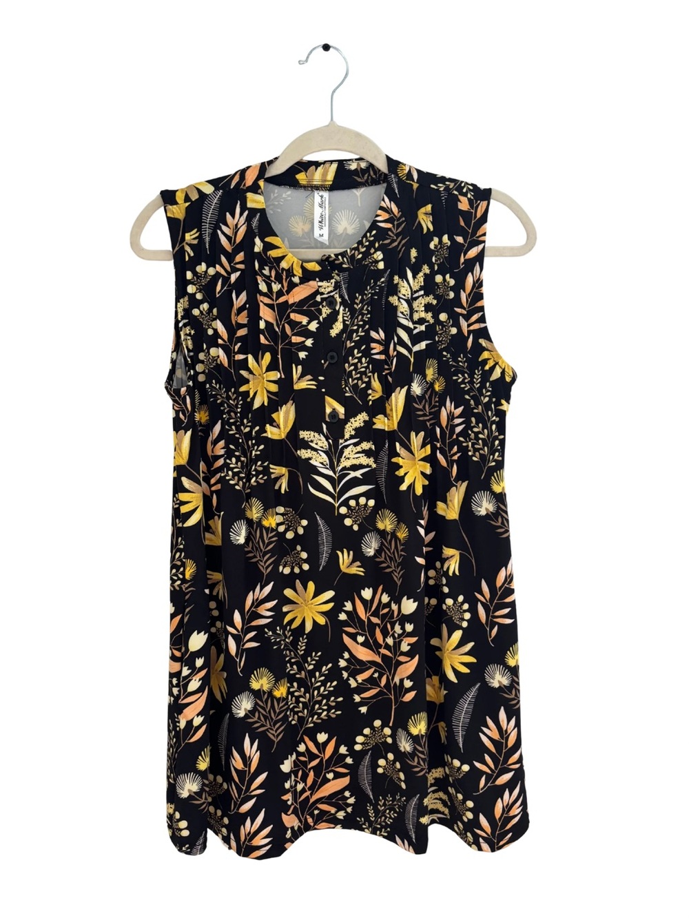 White Mark Black Floral Sleeveless Tunic with Yellow and Peach Accents